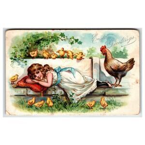 Antique Raphael Tuck Easter Postcard Girl Chicken Chicks Saxony Printed